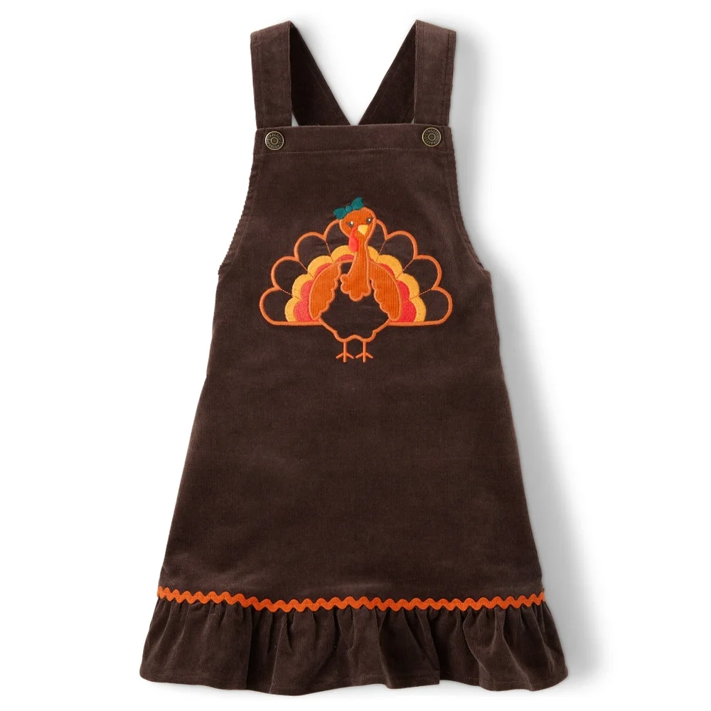 Gymboree Corduroy Embroidered Turkey Thanksgiving Overalls Dress Size 12 NEW